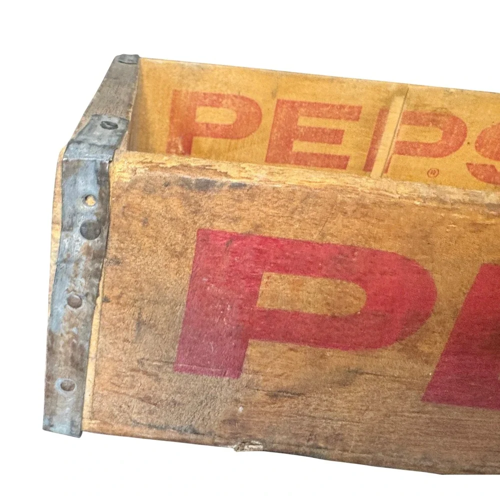 Vintage Pepsi Wooden Soda Crate 24 Bottle Carrier Red Logo Metal Corners Rustic